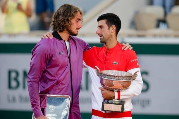 June 2021, France, Paris: Tennis: Grand Slam/ATP Tour - French Open, Singles, Men, Final, Djokovic - Tsitsipas . Novak Djokovic and Stefanos...