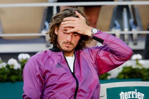 June 2021, France, Paris: Tennis: Grand Slam/ATP Tour - French Open, men's singles, final, Djokovic - Tsitsipas . Stefanos Tsitsipas reacts...