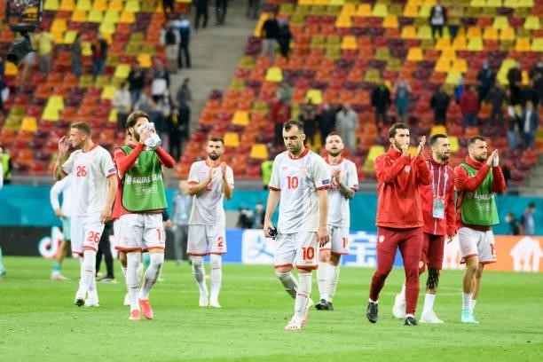 Players of North Macedonia looks dejected after the UEFA Euro 2020 Championship Group C match between Austria and North Macedonia at National Arena...