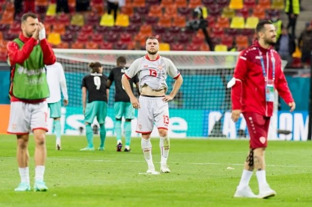 Stefan Ristovski of North Macedonia looks dejected after the UEFA Euro 2020 Championship Group C match between Austria and North Macedonia at...