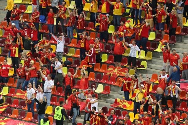 Fans of the North Macedonia team during the UEFA Euro 2020 Championship Group C match between Austria and North Macedonia on June 13, 2021 in...