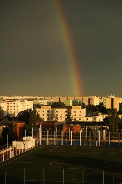 Rainbow appears behind the Arena Natioanla stadium during the UEFA Euro 2020 Championship Group C match between Austria and North Macedonia on June...