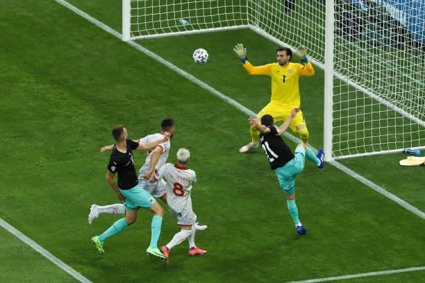 Stefan Lainer scores a goal for Austria team during the UEFA Euro 2020 Championship Group C match between Austria and North Macedonia on June 13,...