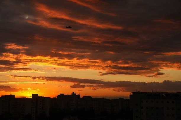 The sunset after the UEFA Euro 2020 Championship Group C match between Austria and North Macedonia on June 13, 2021 in Bucharest, Romania.