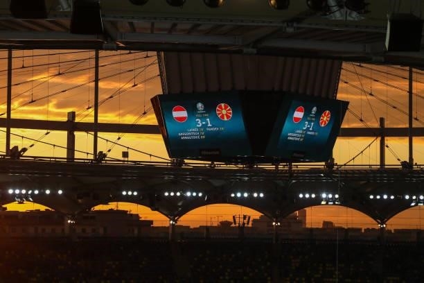 Giant screen view during the UEFA Euro 2020 Championship Group C match between Austria and North Macedonia on June 13, 2021 in Bucharest, Romania.