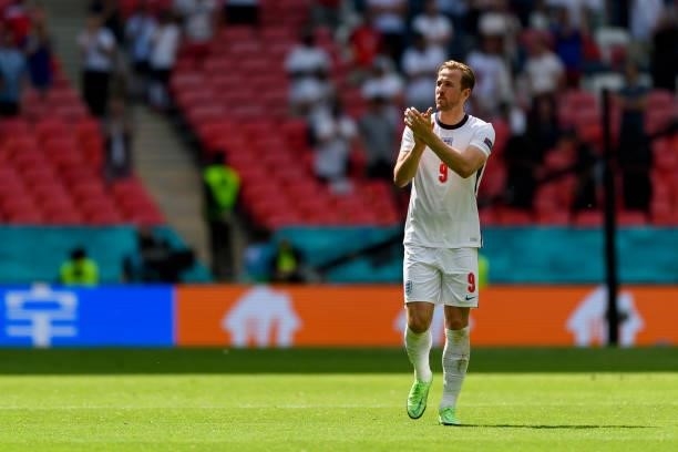 Harry Kane of England gestures after the UEFA Euro 2020 Championship Group D match between England and Croatia at Wembley Stadium on June 13, 2021 in...