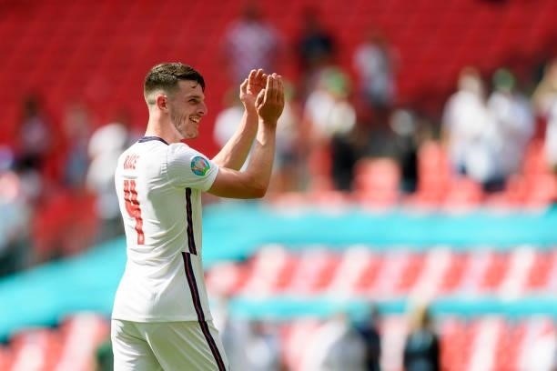 Declan Rice of England gestures after the UEFA Euro 2020 Championship Group D match between England and Croatia at Wembley Stadium on June 13, 2021...