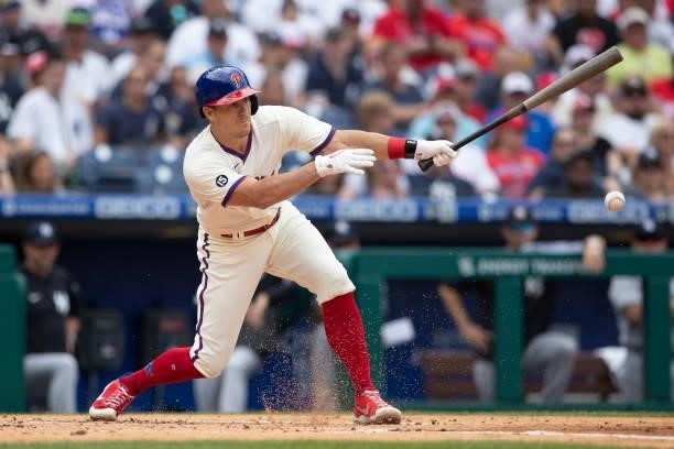 Realmuto of the Philadelphia Phillies hits an infield RBI single in the bottom of the first inning against the New York Yankees at Citizens Bank Park...