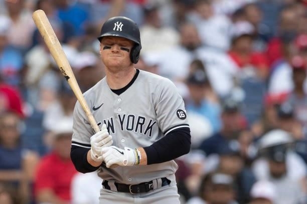 Clint Frazier of the New York Yankees reacts after striking out in the top of the eighth inning against the Philadelphia Phillies at Citizens Bank...