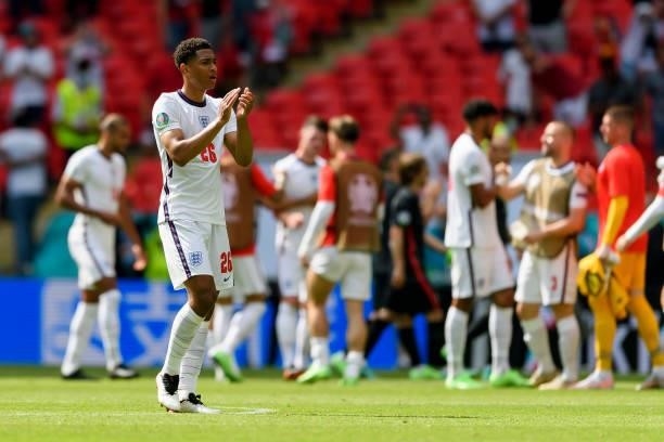 Jude Bellingham of England gestures after the UEFA Euro 2020 Championship Group D match between England and Croatia at Wembley Stadium on June 13,...