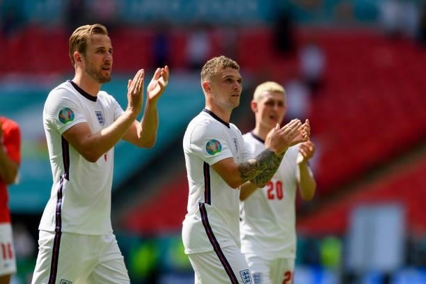 Harry Kane of England gestures after the UEFA Euro 2020 Championship Group D match between England and Croatia at Wembley Stadium on June 13, 2021 in...