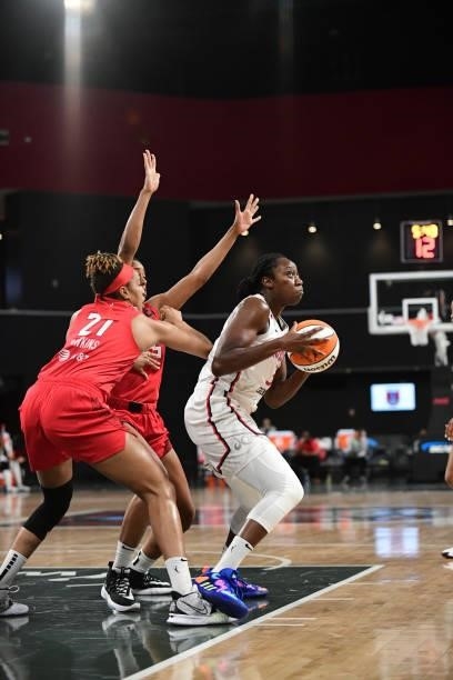 Tina Charles of the Washington Mystics drives to the basket against the Atlanta Dream on June 13, 2021 at Gateway Center Arena in College Park,...