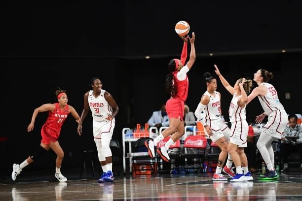 Odyssey Sims of the Atlanta Dream shoots the ball against the Washington Mystics on June 13, 2021 at Gateway Center Arena in College Park, Georgia....