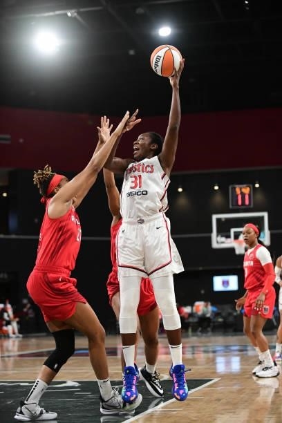 Tina Charles of the Washington Mystics shoots the ball against the Atlanta Dream on June 13, 2021 at Gateway Center Arena in College Park, Georgia....