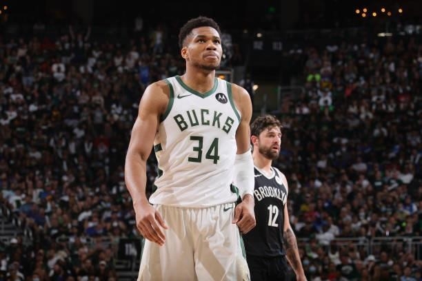 Giannis Antetokounmpo of the Milwaukee Bucks looks on during Round 2, Game 4 of the 2021 NBA Playoffs on June 13 2021 at the Fiserv Forum Center in...