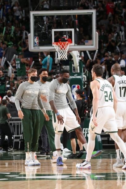 Thanasis Antetokounmpo of the Milwaukee Bucks celebrates during the game against the Brooklyn Nets during Round 2, Game 4 of the 2021 NBA Playoffs on...