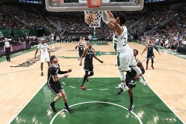 Giannis Antetokounmpo of the Milwaukee Bucks dunks the ball against the Brooklyn Nets during Round 2, Game 4 of the 2021 NBA Playoffs on June 13 2021...