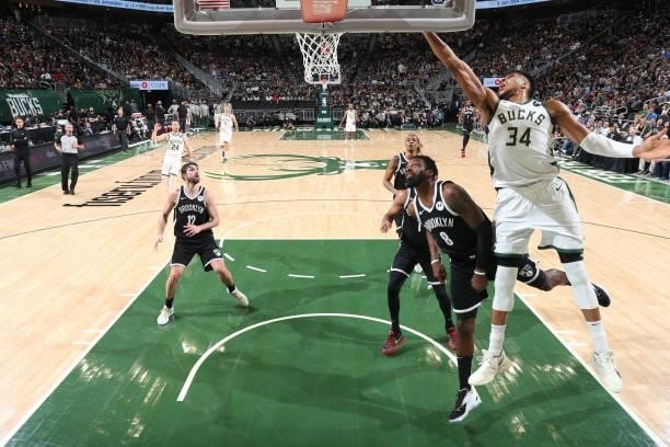 Giannis Antetokounmpo of the Milwaukee Bucks drives to the basket against the Brooklyn Nets during Round 2, Game 4 of the 2021 NBA Playoffs on June...