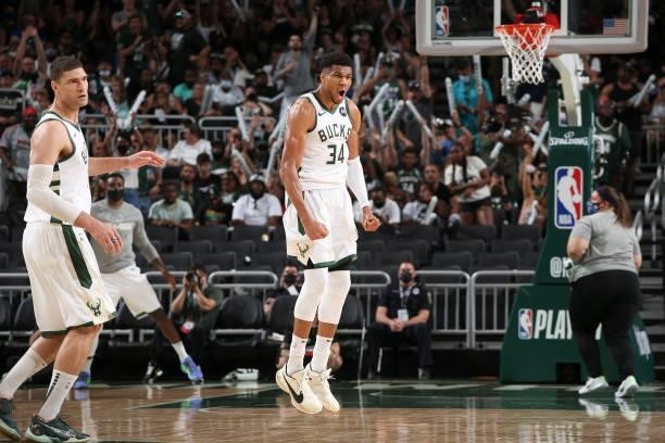 Giannis Antetokounmpo of the Milwaukee Bucks celebrates during the game against the Brooklyn Nets during Round 2, Game 4 of the 2021 NBA Playoffs on...