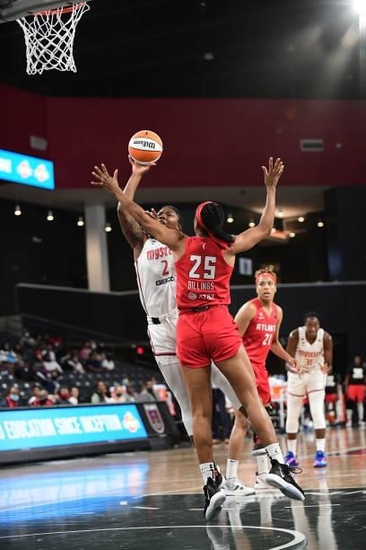 Myisha Hines-Allen of the Washington Mystics shoots the ball against the Atlanta Dream on June 13, 2021 at Gateway Center Arena in College Park,...