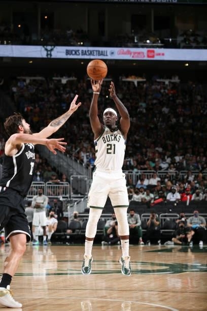 Jrue Holiday of the Milwaukee Bucks shoots the ball during the game against the Brooklyn Nets during Round 2, Game 4 of the 2021 NBA Playoffs on June...
