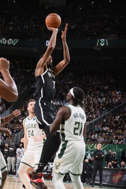 Kevin Durant of the Brooklyn Nets shoots the ball against the Milwaukee Bucks during Round 2, Game 4 of the 2021 NBA Playoffs on June 13 2021 at the...