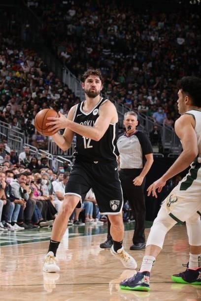 Joe Harris of the Brooklyn Nets handles the ball against the Milwaukee Bucks during Round 2, Game 4 of the 2021 NBA Playoffs on June 13 2021 at the...