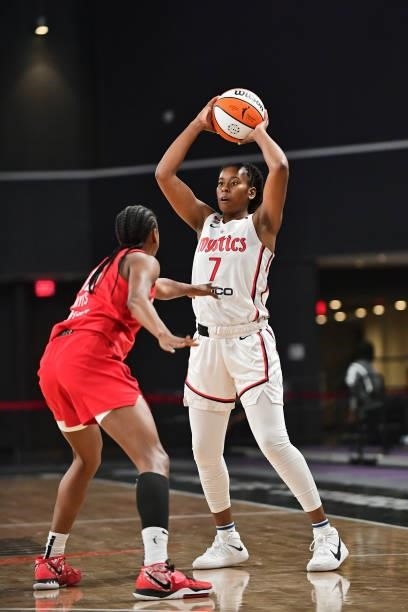 Ariel Atkins of the Washington Mystics looks to pass against the Atlanta Dream on June 13, 2021 at Gateway Center Arena in College Park, Georgia....