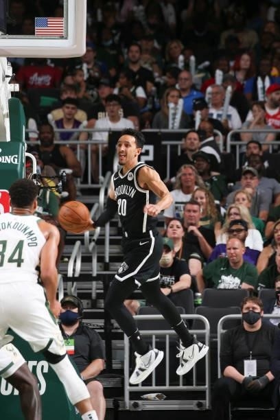 Landry Shamet of the Brooklyn Nets handles the ball during the game against the Milwaukee Bucks during Round 2, Game 4 of the 2021 NBA Playoffs on...