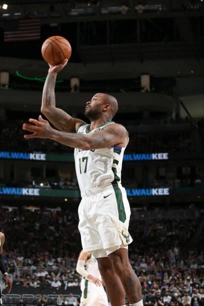 M17; shoots the ball during the game against the Brooklyn Nets during Round 2, Game 4 of the 2021 NBA Playoffs on June 13, 2021 at the Fiserv Forum...