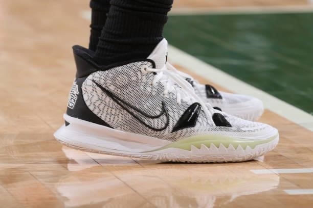 The sneakers worn by Landry Shamet of the Brooklyn Nets during Round 2, Game 4 of the 2021 NBA Playoffs on June 13 2021 at the Fiserv Forum Center in...