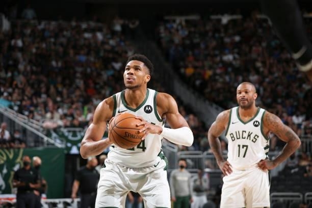 Giannis Antetokounmpo of the Milwaukee Bucks shoots a free throw during the game against the Brooklyn Nets during Round 2, Game 4 of the 2021 NBA...