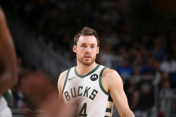 Pat Connaughton of the Milwaukee Bucks looks on during the game against the Brooklyn Nets during Round 2, Game 4 of the 2021 NBA Playoffs on June 13,...