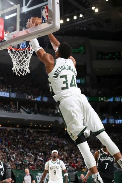 Giannis Antetokounmpo of the Milwaukee Bucks dunks the ball during the game against the Brooklyn Nets during Round 2, Game 4 of the 2021 NBA Playoffs...