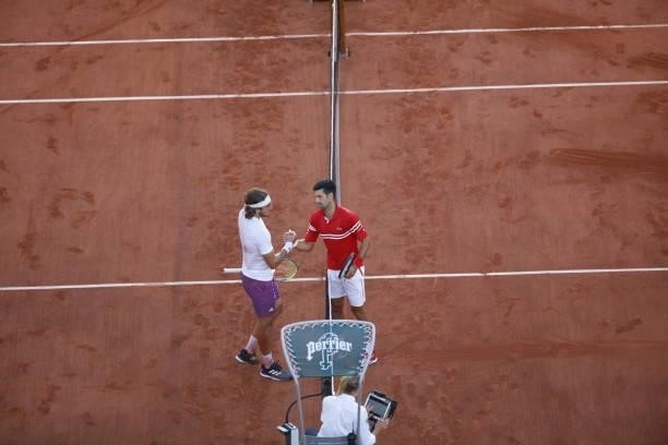Serbia's Novak Djokovic and Greece's Stefanos Tsitsipas during their men's final tennis match on Day 15 of The Roland Garros 2021 French Open tennis...