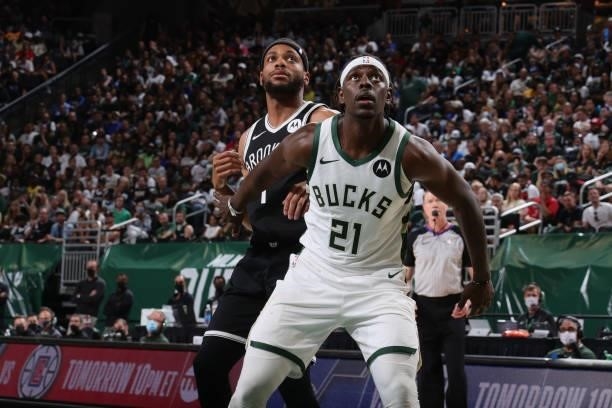 Jrue Holiday of the Milwaukee Bucks plays defense on Bruce Brown of the Brooklyn Nets during Round 2, Game 4 of the 2021 NBA Playoffs on June 13 2021...