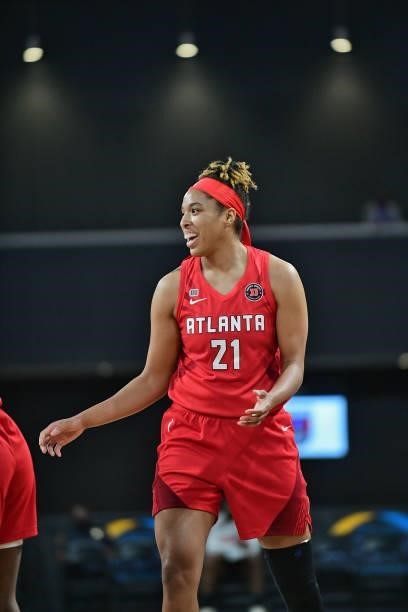 Tianna Hawkins of the Atlanta Dream smiles during the game against the Washington Mystics on June 13, 2021 at Gateway Center Arena in College Park,...