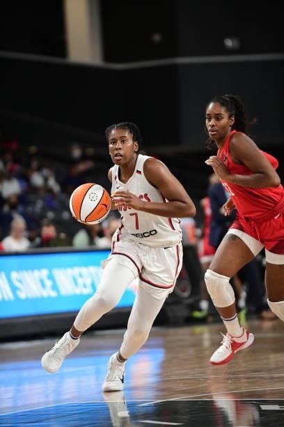 Ariel Atkins of the Washington Mystics drives to the basket against the Atlanta Dream on June 13, 2021 at Gateway Center Arena in College Park,...