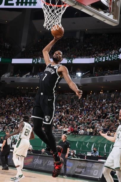 Kevin Durant of the Brooklyn Nets dunks the ball against the Milwaukee Bucks during Round 2, Game 4 of the 2021 NBA Playoffs on June 13 2021 at the...
