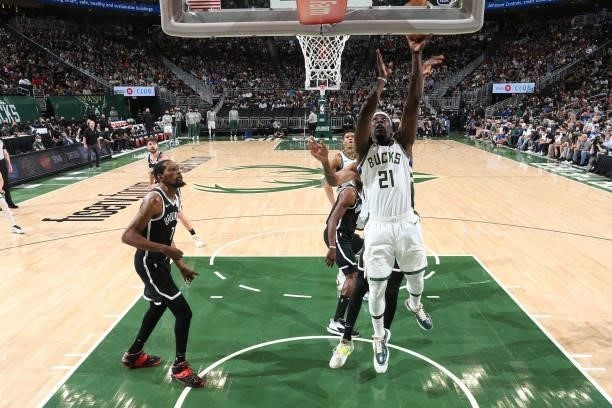 Jrue Holiday of the Milwaukee Bucks shoots the ball against the Brooklyn Nets during Round 2, Game 4 of the 2021 NBA Playoffs on June 13 2021 at the...