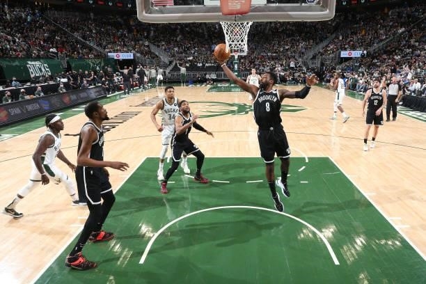 Jeff Green of the Brooklyn Nets rebounds the ball against the Milwaukee Bucks during Round 2, Game 4 of the 2021 NBA Playoffs on June 13 2021 at the...