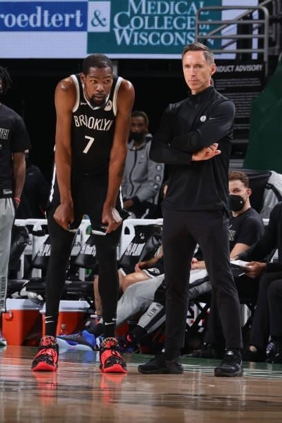 Kevin Durant of the Brooklyn Nets talks with Head Coach Steve Nash of the Brooklyn Nets during Round 2, Game 4 of the 2021 NBA Playoffs on June 13...