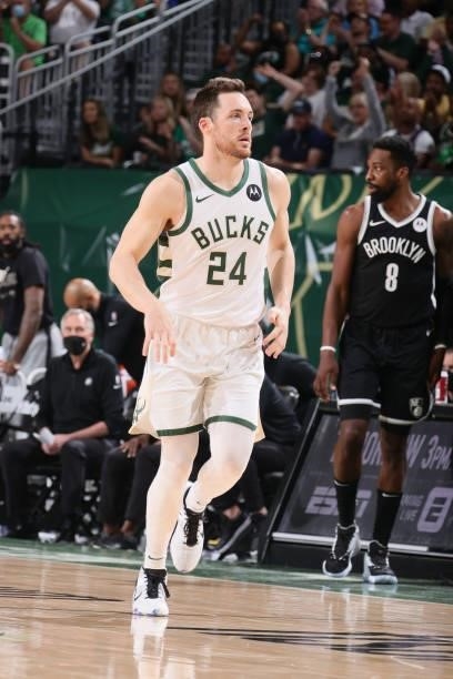 Pat Connaughton of the Milwaukee Bucks looks on during Round 2, Game 4 of the 2021 NBA Playoffs on June 13 2021 at the Fiserv Forum Center in...