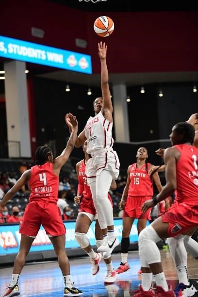 Ariel Atkins of the Washington Mystics shoots the ball against the Atlanta Dream on June 13, 2021 at Gateway Center Arena in College Park, Georgia....