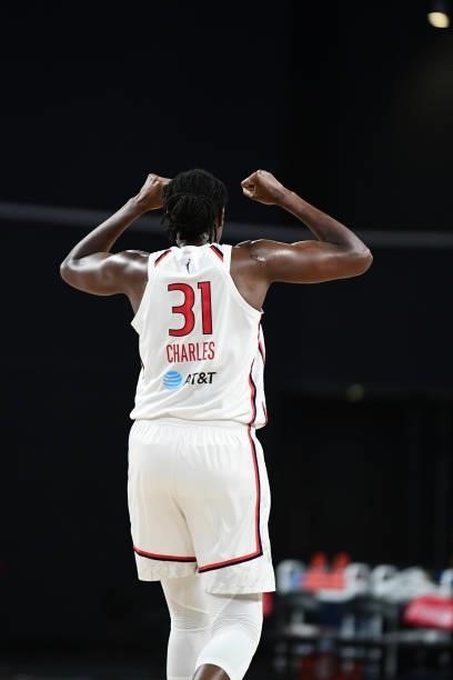 Tina Charles of the Washington Mystics celebrates during the game against the Atlanta Dream on June 13, 2021 at Gateway Center Arena in College Park,...