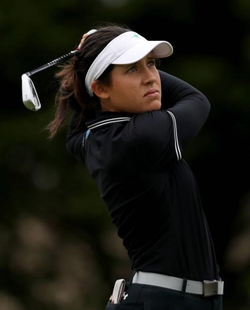 Albane Valenzuela of Switzerland hits a shot on the 3rd hole during the final round of the LPGA Mediheal Championship at Lake Merced Golf Club on...