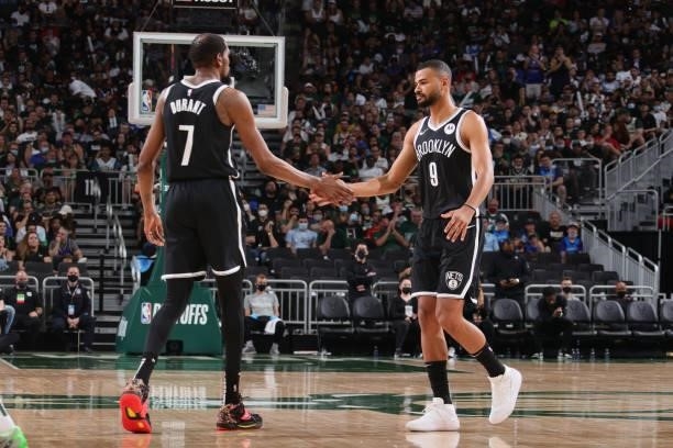 Kevin Durant of the Brooklyn Nets high fives Timothe Luwawu-Cabarrot of the Brooklyn Nets during Round 2, Game 4 of the 2021 NBA Playoffs on June 13...