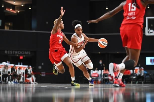 Kiara Leslie of the Washington Mystics dribbles during the game against the Atlanta Dream on June 13, 2021 at Gateway Center Arena in College Park,...