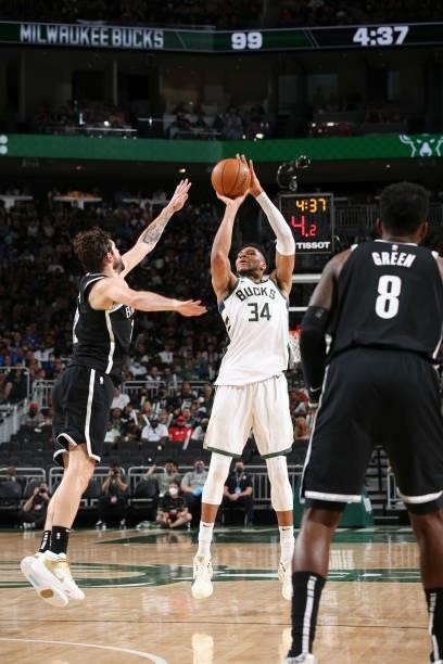 Giannis Antetokounmpo of the Milwaukee Bucks shoots the ball during the game against the Brooklyn Nets during Round 2, Game 4 of the 2021 NBA...