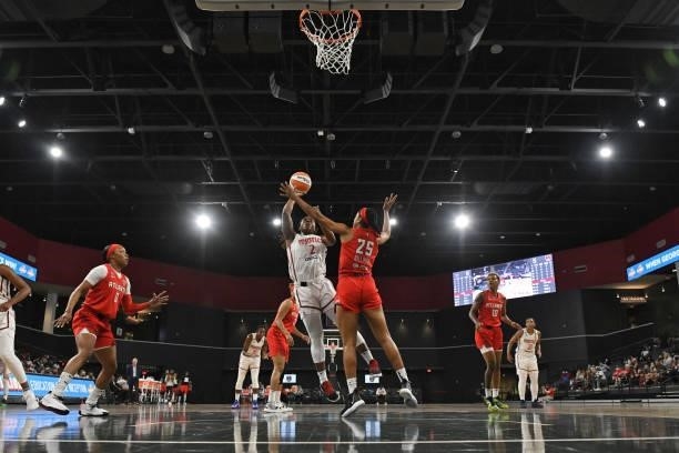 Myisha Hines-Allen of the Washington Mystics shoots the ball against the Atlanta Dream on June 13, 2021 at Gateway Center Arena in College Park,...